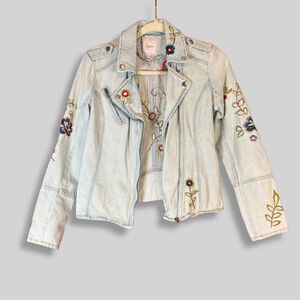 Candie's Jean Moto Cropped Jacket Embroidered Floral Boho Light Wash Blue Small